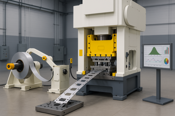 Progressive stamping production line with strip sensors, coil straightener, and visual SPC monitoring board in a clean factory environment.