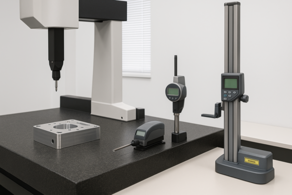 Quality laboratory with CMM, surface roughness tester, height gauge, and calibration-tagged instruments on a granite table.