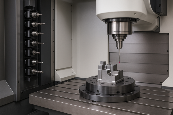 Five-axis CNC machining unit with zero-point pallet, standardized tool magazine, and active probing macro measuring a metal workpiece.
