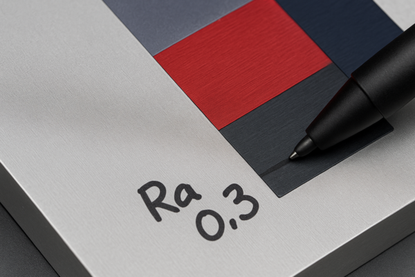 Close-up of anodized aluminum with masking lines, multi-color anodized chips, and a surface roughness stylus performing Ra measurement.