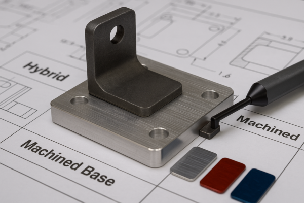 Hybrid bracket assembly with CNC-finished spacer and welded module compacting blanks, placed on engineering drawings.