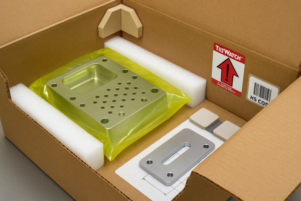 Export packaging detail with metal component packed in VCI bag, protected by foam dividers, cardboard corner protectors, TiltWatch indicator, and HS code label.
