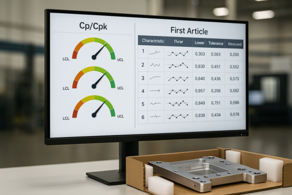 QC dashboard showing real-time Cp/Cpk charts and first article inspection data on a large industrial display.