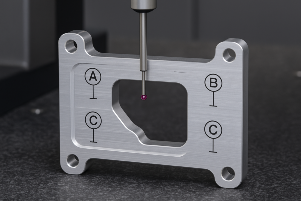 CMM probe inspecting drilled holes on a machined aluminum part with datum reference scheme aligned to ASME Y14.5 standards.