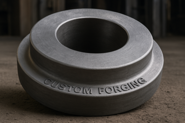 High-resolution custom-forged metal component designed for aerospace and automotive applications, displayed on a factory floor.