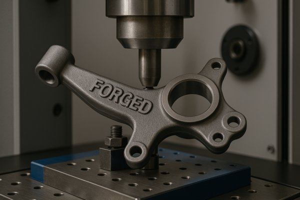 Forged automotive part undergoing durability testing on a precision machine in a controlled industrial environment.