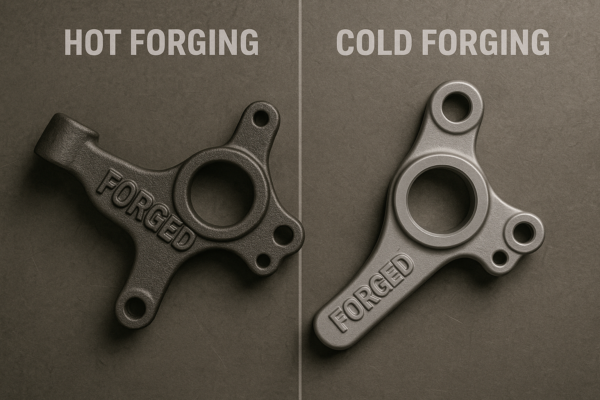 Side-by-side comparison of hot forging and cold forging metal parts on a textured surface.