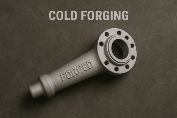 Cold-forged aerospace component with a flanged end and embossed "FORGED" label on a matte surface.
