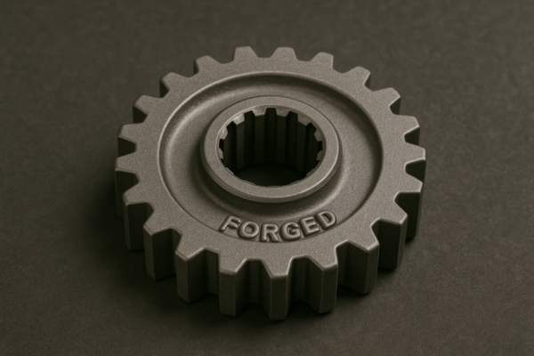 Precision-forged automotive gear with tapered teeth and splined hub resting on a dark textured surface.