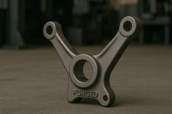Precision-forged metal Y-arm component placed on the floor of a heavy industrial workshop.