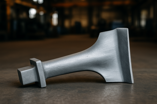 Forged metal turbine blade resting on an industrial workshop floor with a blurred background.