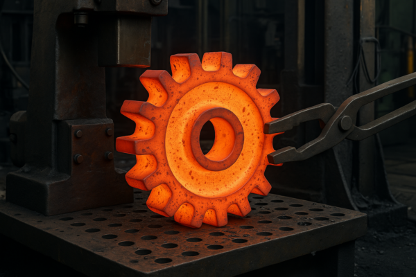 A glowing hot forged gear being shaped at a Prime factory using industrial forging machinery.