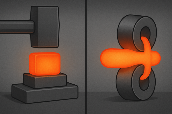 Visual comparison of free forging and rolled forging processes without text
