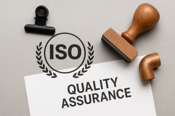 ISO-certified quality assurance concept with rubber stamp and certified form