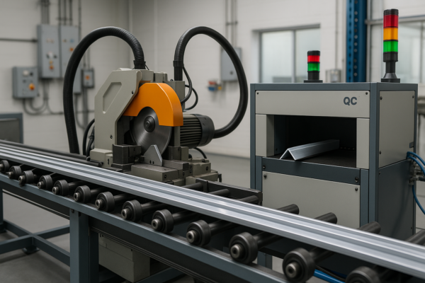 A high-resolution image of a modern automated metalworking workshop featuring a cutting machine processing angle bars on a conveyor, with a nearby QC station, all in a clean, well-lit industrial environment.