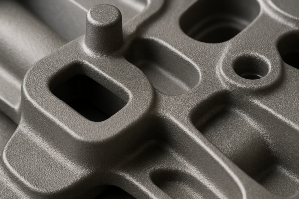 A high-resolution macro image showing the intricate surface details of a precision-cast metal component with textured matte finish and clean geometric cutouts.