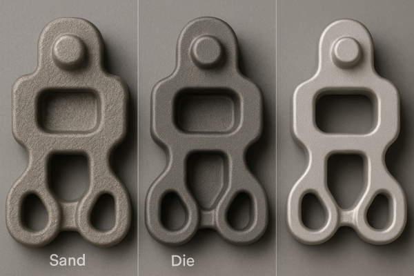 A high-resolution comparative image showing three cast metal components side by side representing sand casting, die casting, and investment casting, with distinct surface textures and finish precision.