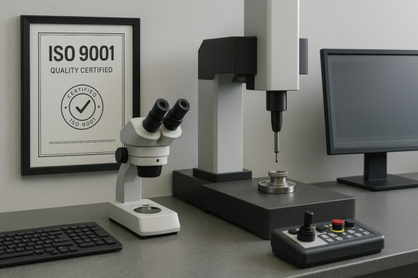 High-resolution image of a precision testing lab with coordinate measuring machine and microscope, symbolizing ISO 9001 quality certification environment.