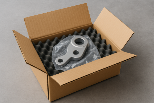 High-resolution image of a cardboard box with a metal part securely packed in foam and plastic wrap, demonstrating waterproof and shockproof export packaging.