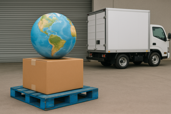 High-resolution image of a cardboard box on a pallet with a globe on top, positioned near a delivery truck and warehouse, representing global export logistics.