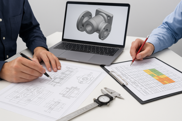 High-resolution image of an engineering setup showing CAD drawings, a DFMEA worksheet, and a 3D CAD model on a laptop, with precision calipers nearby.