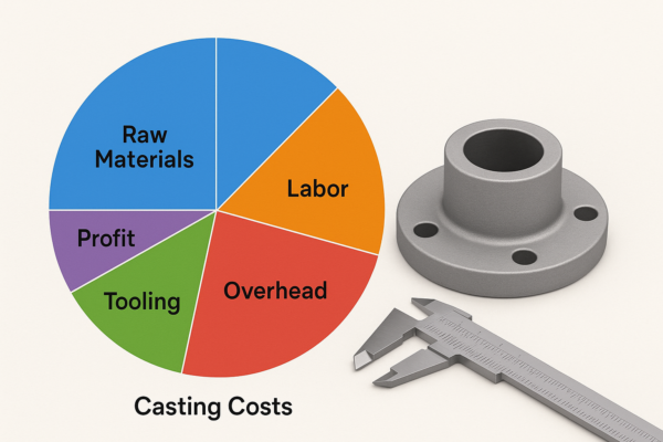 High-resolution image showing a pie chart of casting cost breakdown next to a 3D-rendered metal flange and a caliper.