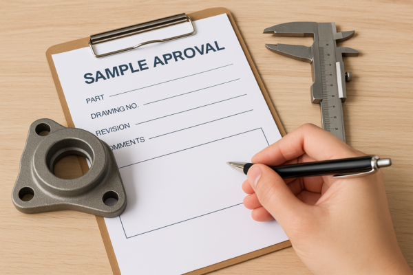 High-resolution image showing a sample approval setup with a metal casting part, caliper, and approval form on a wooden desk.