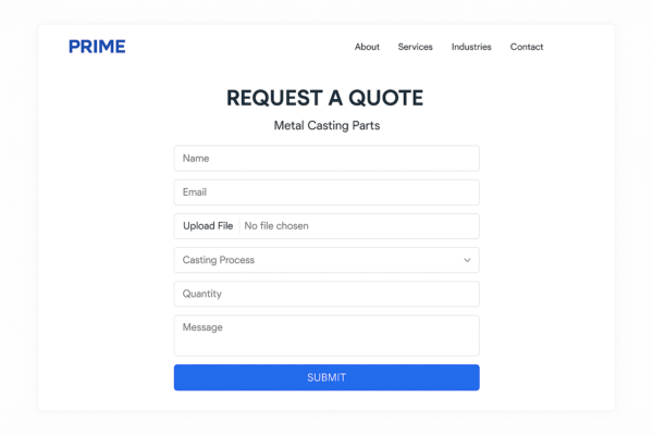 High-resolution image of a modern web form on Prime’s site for metal casting part inquiries, featuring input fields and a clean, user-friendly layout.