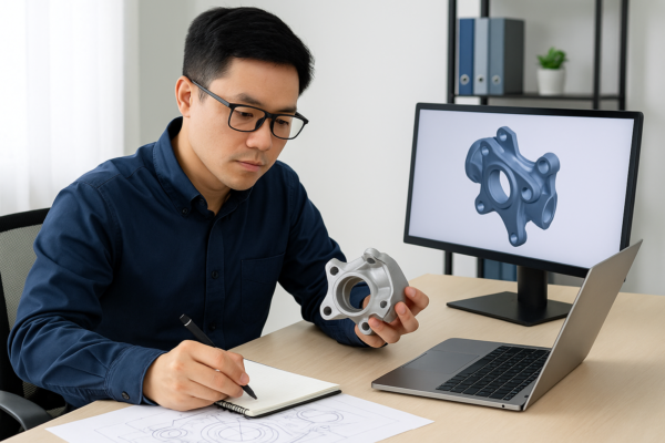Asian engineer analyzing a custom automotive metal casting component with 3D model on screen and technical drawings on desk.