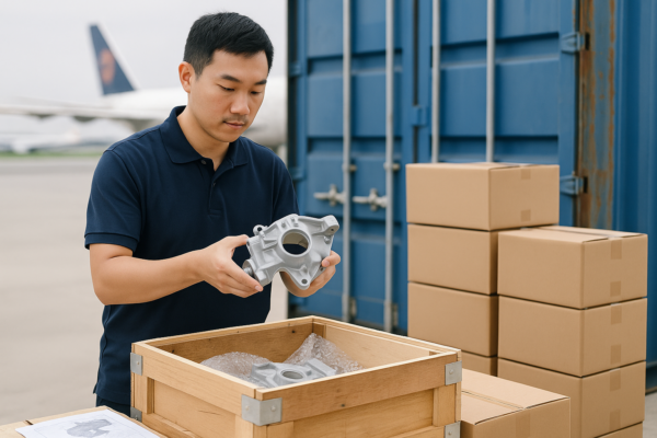 Asian logistics worker packing a metal casting part into a wooden crate with export cartons and a cargo plane in the background.