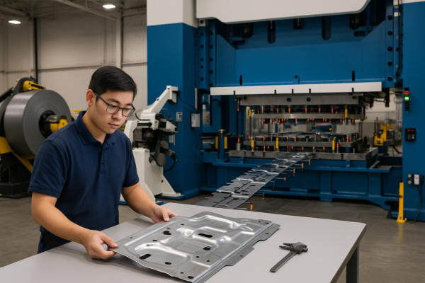 Asian QC operator inspecting the first stamped metal part at a quality control station in a large progressive die stamping production line, with coil feeder, decoiler, servo feeder, and in-die sensors visible in the background.