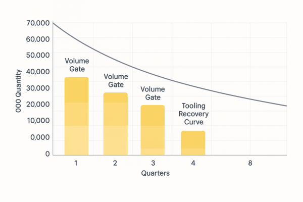 High-resolution 3:2 chart showing an amortization schedule for a 250,000-unit stamping project, with four volume gates represented by yellow bars for quarterly release quantities, and a smooth gray tooling recovery curve trending downward over time.