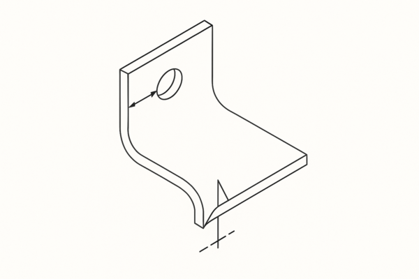 High-resolution 3:2 technical line drawing of a sheet metal part with a bend radius equal to or greater than the material thickness, a hole positioned at least 1.5 times the thickness from the nearest edge, a formed corner protrusion, and an alignment reference for piercing operations, without any text or labels.