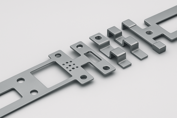 High-resolution 3:2 3D rendering of a progressive die strip layout showing sequential stations including pilot holes, carrier network, piercing, forming, in-die tapping, and final cut-off, with no text or labels.