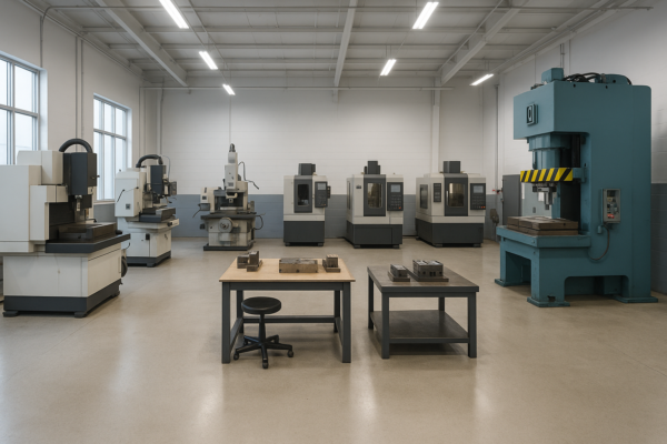 High-resolution 3:2 panoramic view of a main tooling workshop containing wire EDM machines, surface grinders, CNC milling machines, a bench testing area with tooling blocks, and an adjacent large 200-ton press for pressure testing, with no text or labels.