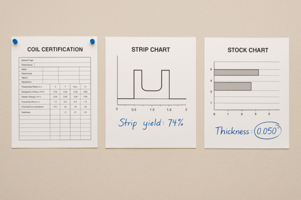 High-resolution 3:2 image of a material planning board displaying three engineering sheets: a coil certification document, a strip layout diagram, and a stock inventory chart, with engineer annotations indicating strip yield and selected thickness, without any text labels in the scene.