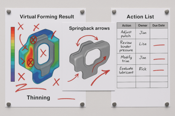 High-resolution 3:2 image of a DFM review board displaying virtual forming simulation results with highlighted thinning hotspots, springback arrows, redline markups, and an action list assigned to different team members, with no text labels in the scene.