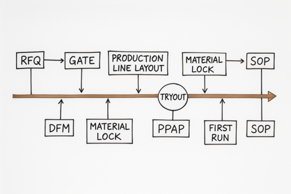 High-resolution 3:2 image of a project planning whiteboard showing a timeline from RFQ to SOP, including gates for DFM, production line layout, material lock, tooling manufacture, tryout, PPAP, PM setup, and first mass production, without any text labels in the scene.