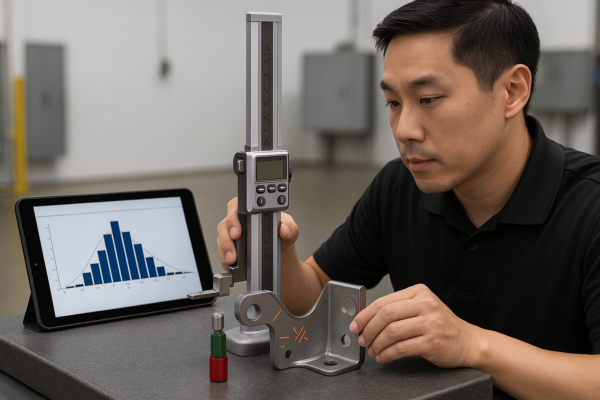 High-resolution 3:2 image of an Asian quality control inspector performing a first article inspection, using a digital height gauge to measure a stamped bracket with radius markings and on/off pins, while a tablet nearby displays a CPk capability chart.