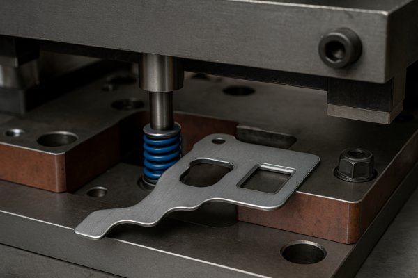 High-resolution close-up image of an in-die operation showing a tapping head, clamping bolt station, and a laser marking window integrated into the die shoe, with precise metal components and no text or people.