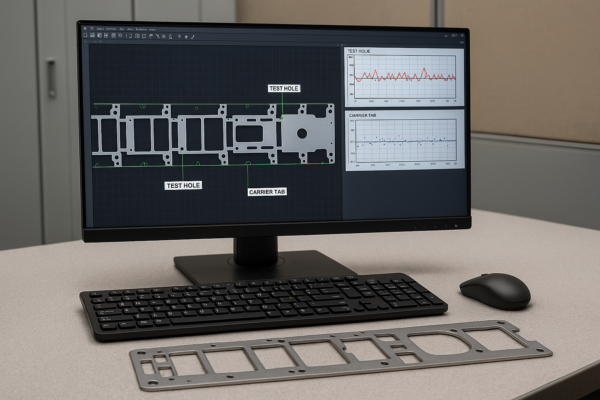 High-resolution image of an engineering workstation showing a CAD layout of a metal stamping strip with test holes, carrier tabs, and related performance charts, alongside a sample metal strip on the desk.