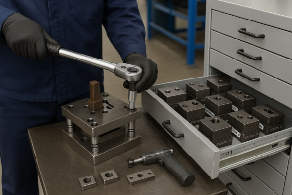 High-resolution image of a maintenance technician using a torque wrench to replace a standardized punch insert in a metal stamping die, with an open drawer displaying spare tool kits labeled by station number.