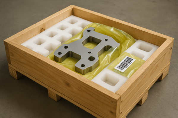 A high-resolution image of a custom metal part packaged for export with foam trays, a VCI bag, a barcode label, and an ISPM-15 certified wooden crate.