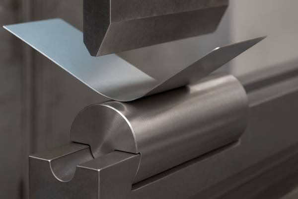 Thin 304 stainless steel sheet being bent over a large-radius polished die with intact protective film.