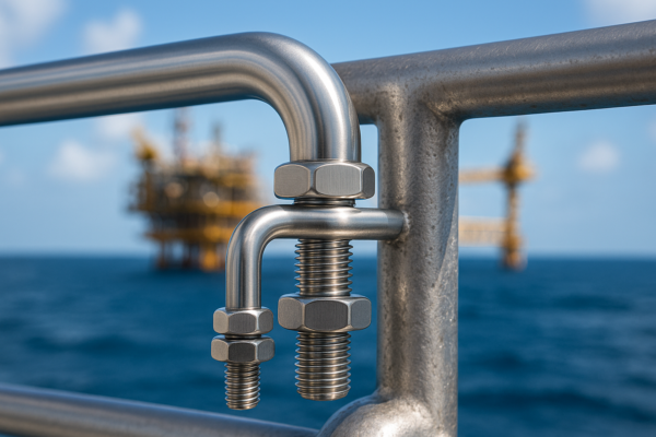 Stainless steel U-bolt securing a marine handrail with an offshore oil platform in the background.