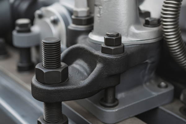 Black carbon steel bolts securing cast iron machinery components.