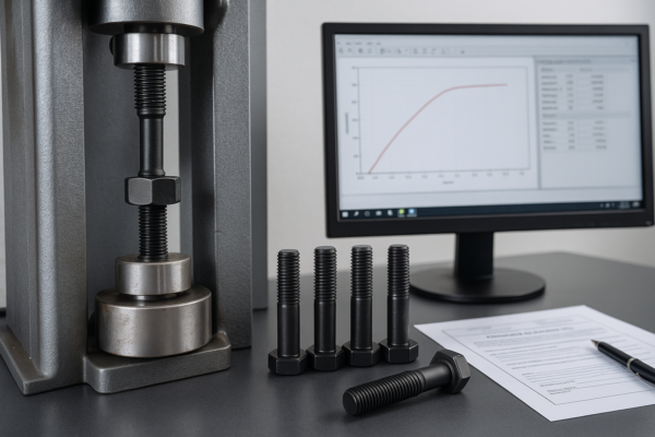 Alloy steel bolt undergoing tensile strength testing beside a computer and inspection data.