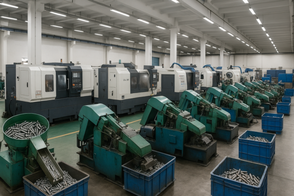 CNC machines operating along multiple fastener production lines inside a bright, clean factory workshop.