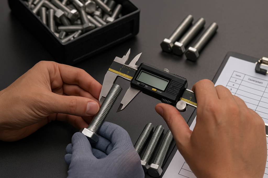 Prime QC engineer measuring a finished bolt with a digital caliper at a workstation with checklist and test samples.