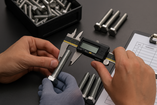 Prime QC engineer measuring a finished bolt with a digital caliper at a workstation with checklist and test samples.